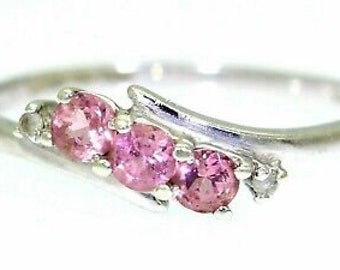 RESERVED* Pretty Pink Tourmaline Trilogy & Diamond 9ct White Gold ring size O ~ 7 1/4