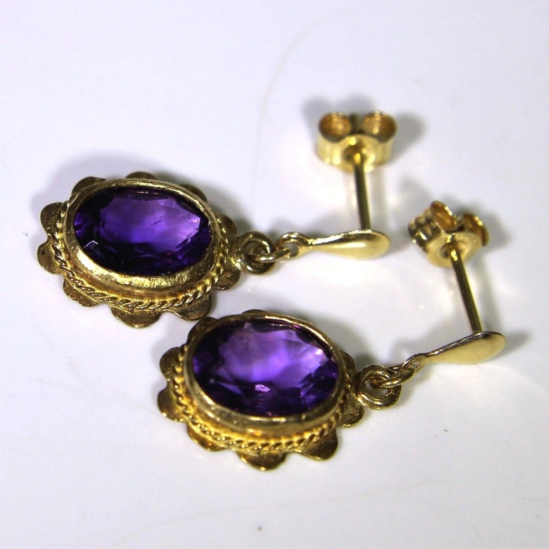 Rope Twist Oval Amethyst 9ct Yellow Gold Drop Stud Earrings