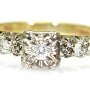 Fine 0.20ct Diamond Solitaire & Accents 9ct Yellow Gold Platinum ring M  ~ 6 1/4