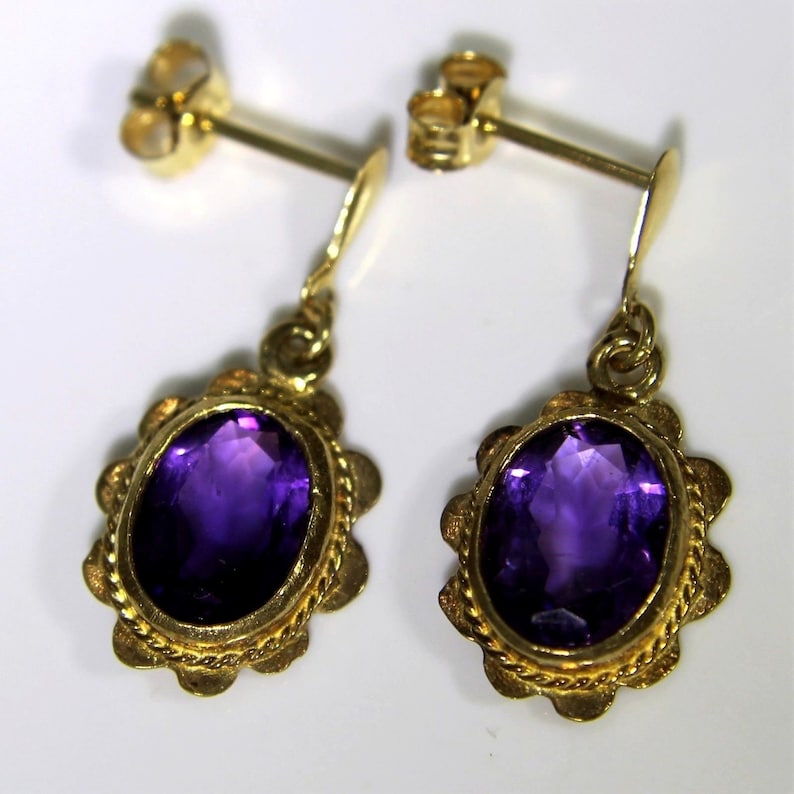 Rope Twist Oval Amethyst 9ct Yellow Gold Drop Stud Earrings