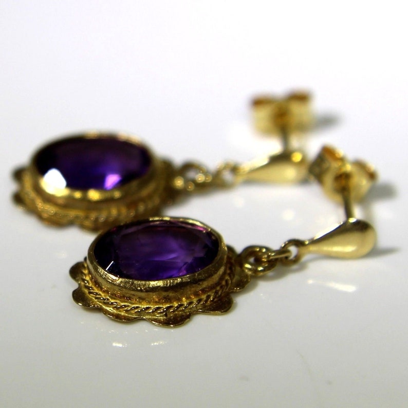 Rope Twist Oval Amethyst 9ct Yellow Gold Drop Stud Earrings