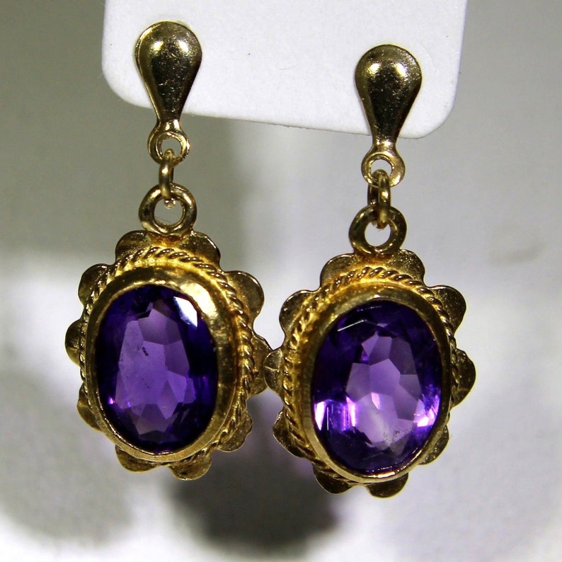 Rope Twist Oval Amethyst 9ct Yellow Gold Drop Stud Earrings