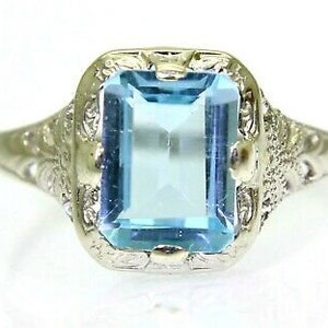 Art Deco Topaz 14k White Gold Filigree Ring size L ~ 5 3/4