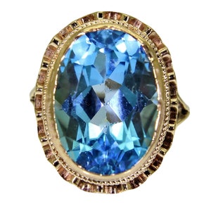 Vintage Large Blue Topaz 9ct Yellow Gold anillo tamaño J 1/2 ~ 5