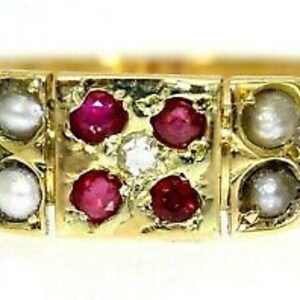 Viktoriansk 1894 Rubin Diamant & Pärla 18 karat Gult Guld Bandring Storlek P 1/2 ~ 8