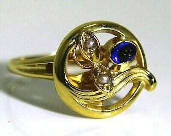 Art Nouveau Floral Sapphire Pearl 14K 14ct Yellow Gold Conversion Ring L ~ 5 3/4