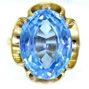 Vintage Large Blue Topaz 9ct Yellow Gold Buttercup ring size i ~ 4 1/2