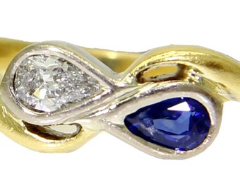 Anello Art Déco Toi et Moi in oro da 18 ct con zaffiro e diamanti da 0,30 ct, in platino, misura M~6 1/4