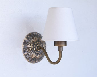 Brass Wall Sconce- Brass  light with Linen shade- Minimal Sconce Light