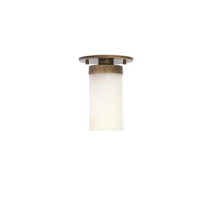 May include: A ceiling light fixture with a cylindrical, off-white glass shade. The fixture has a circular, bronze-colored metal base and a matching top. The design is simple and modern.