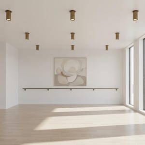 May include: A bright room with light wood flooring and white walls featuring a horizontal metal handrail. A square framed abstract painting with beige and white curved shapes hangs above the rail. Eight cylindrical brass ceiling lights.