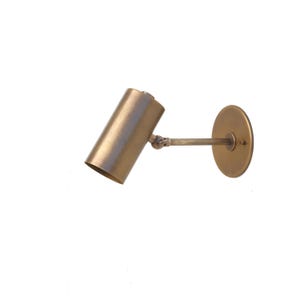 May include: A wall-mounted spotlight fixture with a cylindrical head and a circular base plate. The entire piece is finished in a brushed brass tone. It features an adjustable swivel joint connecting the arm to the light head for directional lighting.