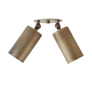 Op de afbeelding: Een dubbele spotlamp met een ronde montageplaat en twee cilindrische metalen kappen in een messingkleur. Elke kap is verbonden met de centrale basis via een verstelbaar draaigewricht, waardoor de lichtrichting kan worden aangepast.
