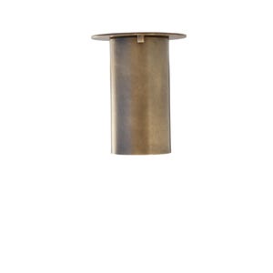 May include: A cylindrical ceiling light fixture with a brushed antique brass finish. The fixture features a flat circular top plate that extends slightly beyond the main body, creating a clean, vertical profile with a metallic, textured surface.
