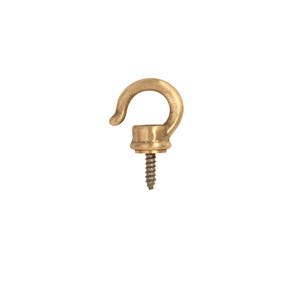 May include: A brass-colored ceiling hook with a screw base. The hook is curved and has a rounded top. The screw is silver and has a pointed tip. The hook is designed for hanging items.