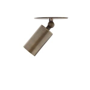 May include: A brass adjustable ceiling light with a cylindrical shade. The light is mounted on a round base.