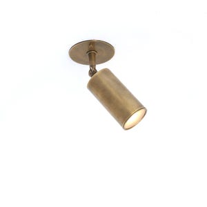 May include: A cylindrical brass spotlight fixture featuring a circular mounting plate and an adjustable swivel joint. The metal surface has a brushed finish, and the light source is visible at the open end of the tube, emitting a warm glow.