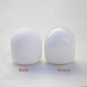 May include: Two white glass dome light shades, one with a matte finish and the other with a glossy finish. The shades are labeled "Matte" and "Glossy".