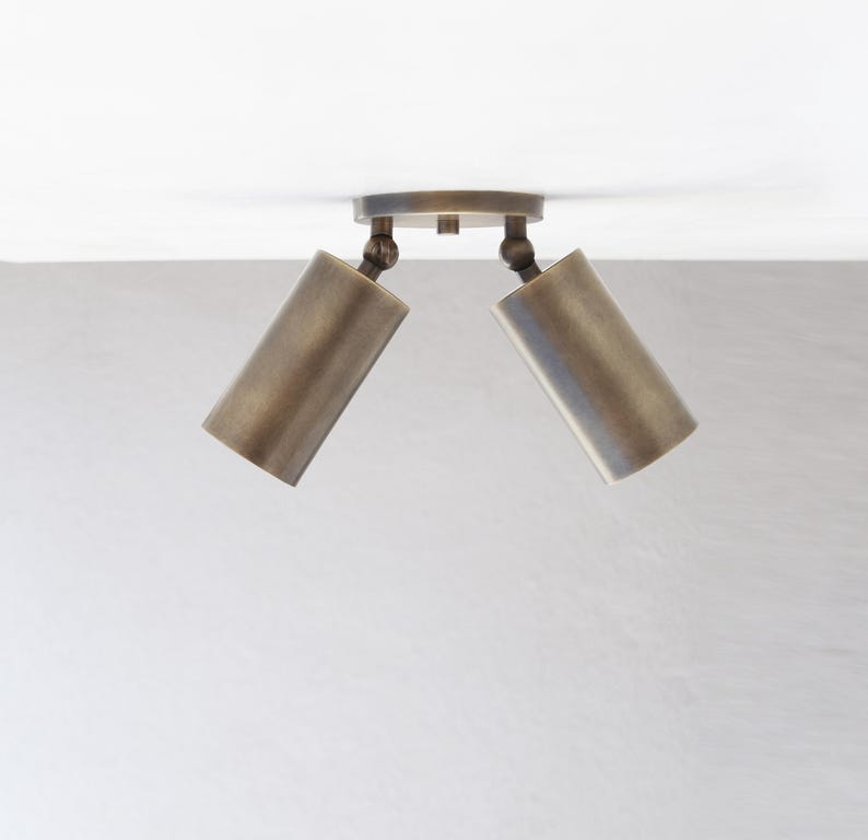 Op de afbeelding: Een plafondspot met twee koppen en een afwerking van geborsteld antiek messing. Het armatuur heeft een ronde montageplaat en twee cilindervormige lichtkoppen die verbonden zijn door verstelbare draaigewrichten voor gerichte verlichting.