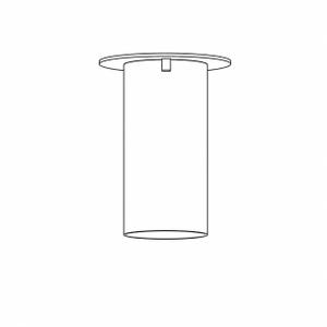 May include: A black and white line drawing of a cylindrical light fixture. The design features a flat circular top plate with a small rectangular connector attached to the side, leading down into a long, hollow, vertical tube structure.