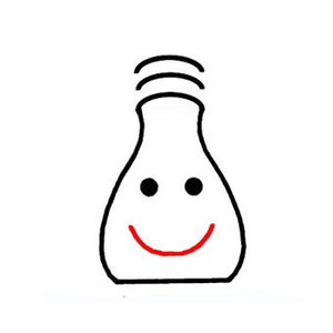 May include: A black and white line drawing of a light bulb with a smiling face. The light bulb has a wavy line at the top, representing the light waves.