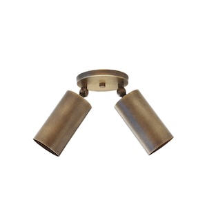 May include: A bronze-colored, two-light ceiling spotlight fixture. The fixture has a circular base with two cylindrical spotlights angled outward. The metal has a slightly textured finish, and the design is minimalist.