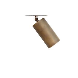 May include: A brass spotlight with a cylindrical shade mounted on a ceiling plate. The shade is angled downwards.