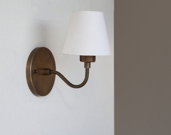 Brass Wall Sconce- Brass  light with Linen shade- Minimal Sconce Light