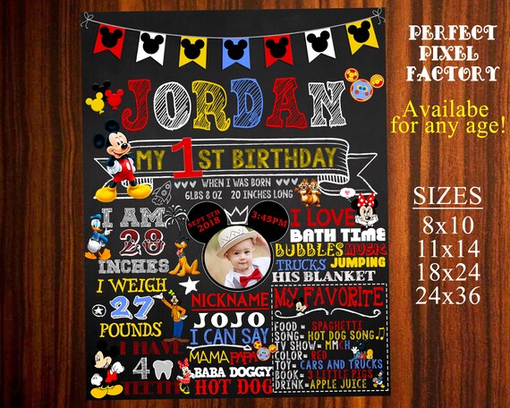 Mickey Mouse birthday board,Mickey Mouse first birthday,Birthday board,Disney Birthday,Chalk board,First birthday poster,Mickey chalk poster Il_570xn