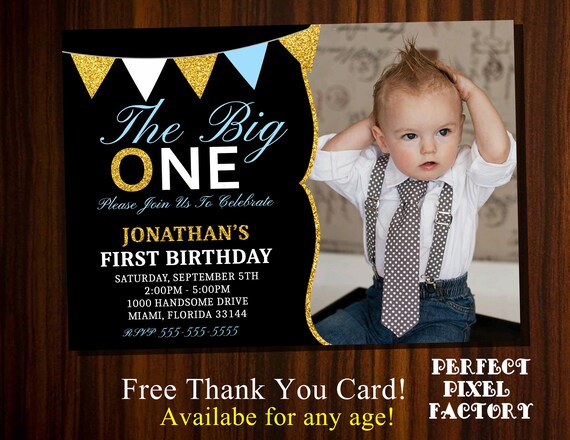 First Birthday, Boy Birthday Invitation, Elegant Invitation,Gold and Black The Big One, photo invitation Il_570xn