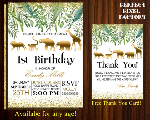 SAFARI BIRTHDAY, Safari Party, Safari Invitation, Birthday Safari, First Birthday, Kids Birthday Safari, Gold, Green,Printable Invitation Il_570xn