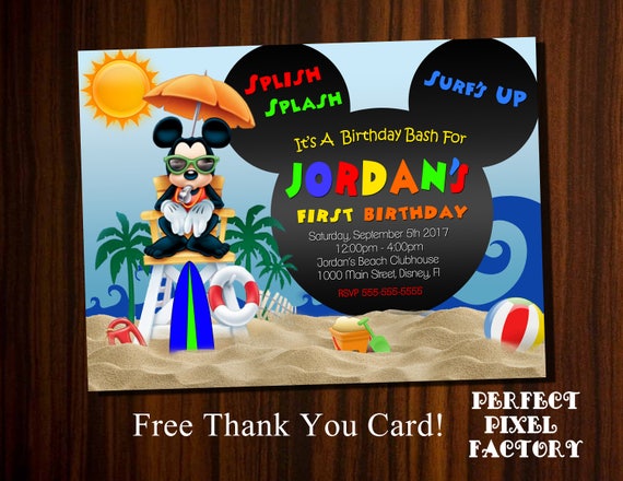 Mickey Mouse Pool Party Birthday Invitation, Mickey Beach Birthday,Mickey Invitations,Summer Party,Pool Party,PerfectPixelFactory Il_570xn