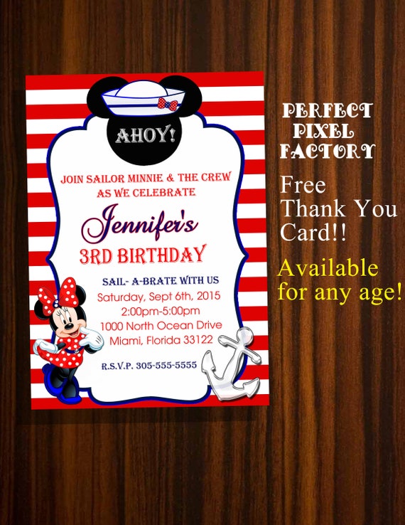 MINNIE MOUSE NAUTICAL Birthday Invitation,Nautical Birthday Party,Minnie Mouse,Disney Invtiation,Mickey, Printable,Party,PerfectPixelFactory Il_570xn