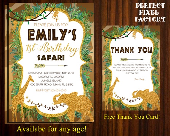 SAFARI BIRTHDAY, Safari Party, Safari Invitation, Birthday Safari, First Birthday, Kids Birthday Safari, Gold, Green,Printable Invitation Il_570xn