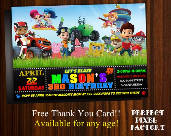 Multi Character invitation, Nickelodeon, Nick Jr, Paw Patrol, Blaze, Shimmer and Shine, Rusty Rivets, Sponge Bob, Peppa Pig, Printable Il_570xn