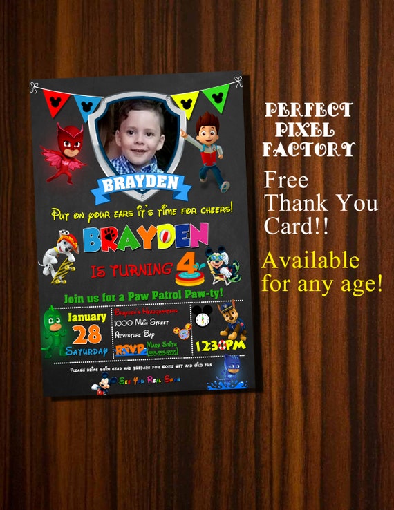 Multi Character invitation, Nickelodeon, Pool Party, Summer,Mickey Mouse, Paw Patrol, PJ Mask, Disney Jr., First birthday, Photo invitation Il_570xn