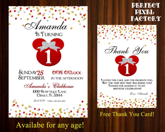 Minnie Mouse Invitation, Glitter Minnie Invitation, Red and Gold,Minnie Mouse Party,Printable invitation,Red Minnie Birthday Invitation Il_570xn