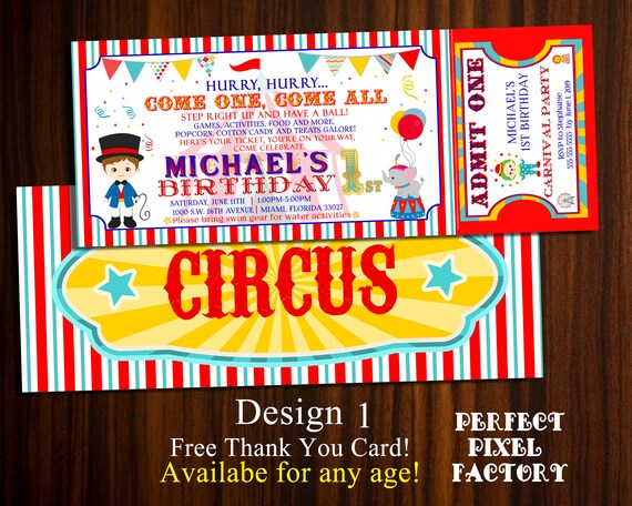 Circus Invitation, Carnival Invitation, Big Top, Circus Birthday, Ticket Invitation, Ticket Birthday card, Carnival Ticket, Circus Ticket Il_570xn
