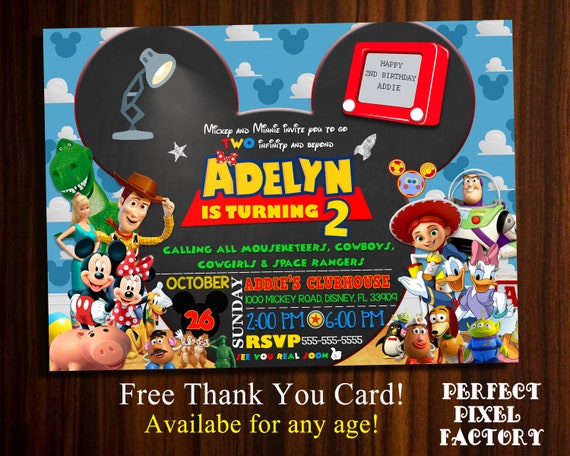 Multi Character invitation,Dual invitation, Sibling invitation, Toy Story, Mickey Mouse, Minnie Mouse,Mickey Invitation,Woody, Buz lightyear Il_570xn