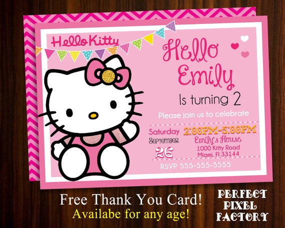 Hello Kitty Invitation, Hello Kitty Birthday, Pink Birthday Invitation, Girls invitation, Gold glitter Il_570xn
