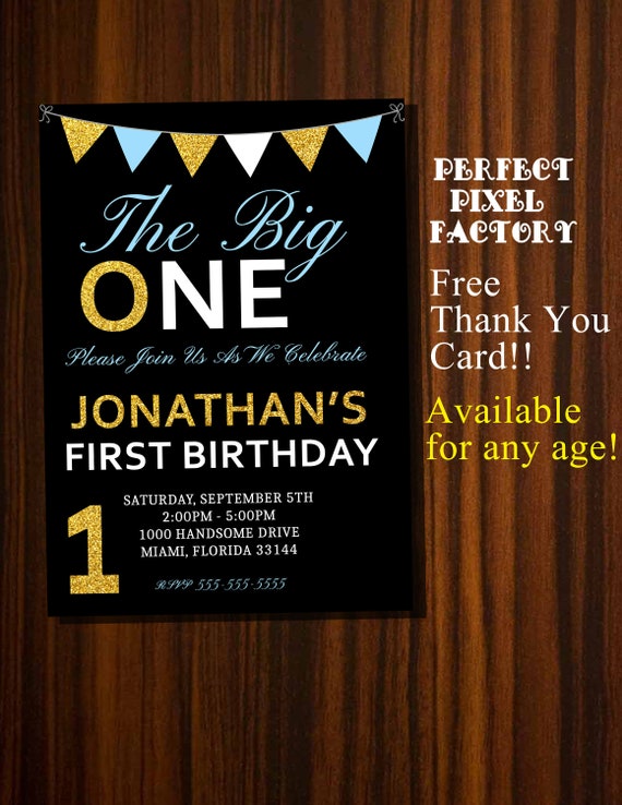 First Birthday, Boy Birthday Invitation, Elegant Invitation,Gold and Black The Big One, Il_570xn