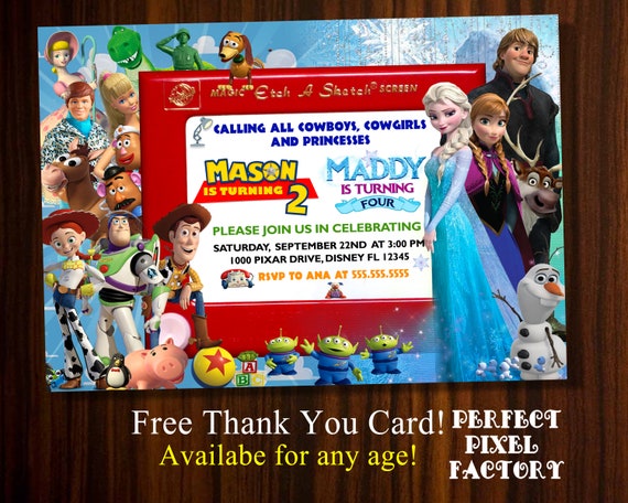 Multi Character invitation,Dual invitation, Sibling invitation, Frozen, Toy Story. Elsa, Anna, Woody, Buz Lightyear,Bo, Olaf, Pixar Il_570xn