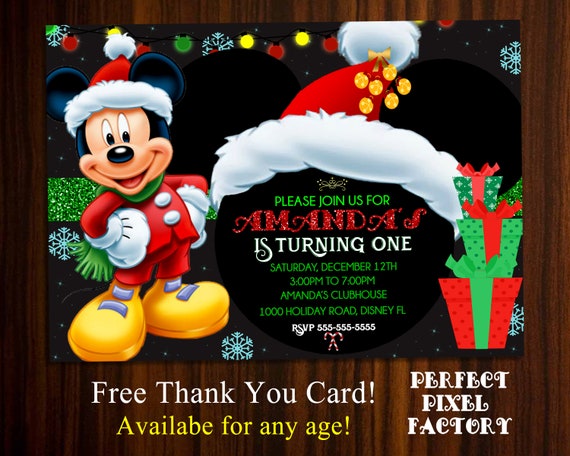 Mickey Birthday Invitation, Mickey Christmas Invitation, Mickey Holiday card, Mickey Christmas birthday, Minnie Invitation, Disney christmas Il_570xn