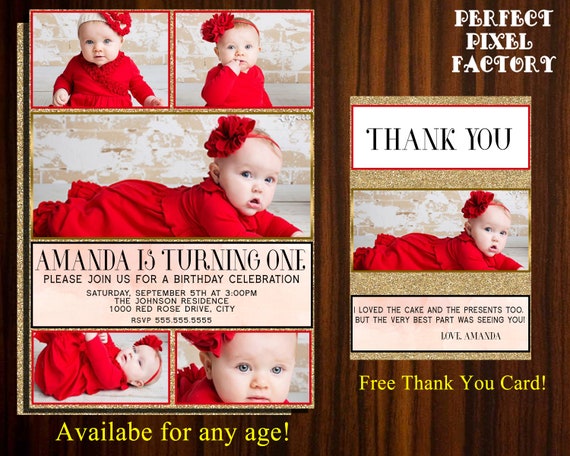 First Birthday Invitation, Photo invitation, multi photo invitation, glitter invitation, girl invitation, photo card, first birthday Il_570xn