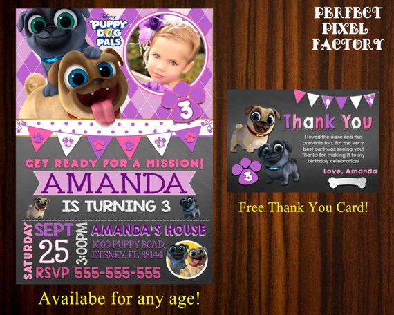Puppy Dog Pals, Puppy Dog Pals invitation, Pink and Purple, Puppy Dog Pals photo invitation, girls Disney Invitation,Puppy Invitation, Chalk Il_570xn