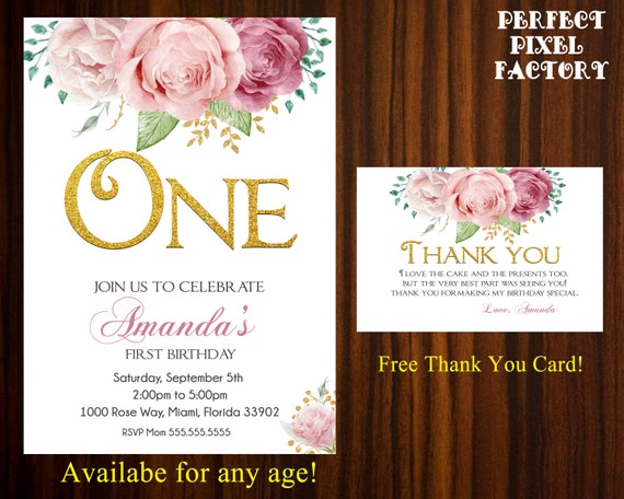 First Birthday Invitation, Floral invitation, Girls invitation, pink and gold invitation, glitter invitation, roses invitation Il_570xn