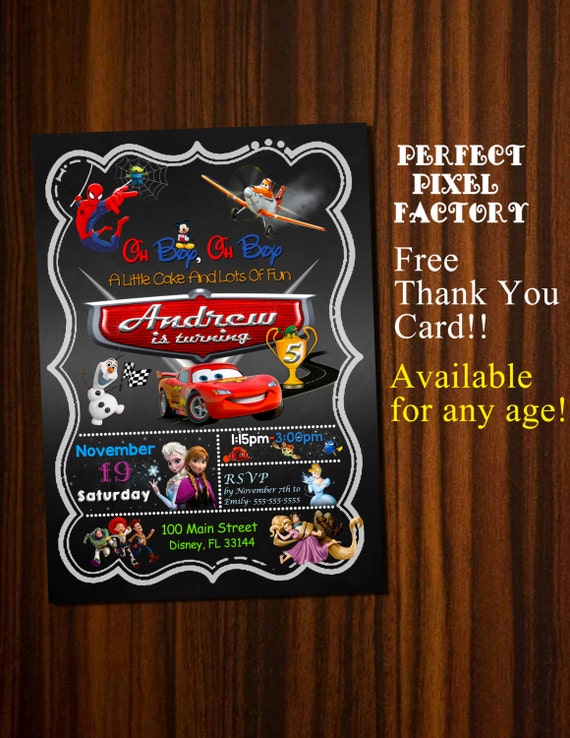 Disney Invitation, Multi Character invitation, Frozen, Mickey, Cars, Planes, Tangled, Toy Story, Finding Nemo,Cinderella, spiderman,birthday Il_570xn