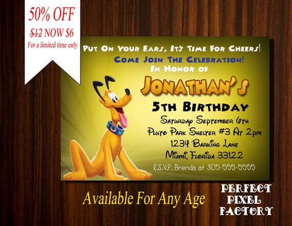 PLUTO Invitation, BirthdayInvitation, Party Printable,diy,Pluto, Mickey Clubhouse, Birthday Invitation, Made To Order, Perfect Pixel Factory Il_570xn