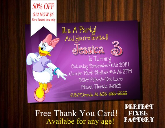 DAISY DUCK INVITATION, Clubhouse Invitation, Printable Kid Invitation, Birthday Invitation, Made To Order, Perfect Pixel Factory Il_570xn