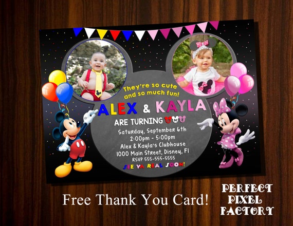 Mickey Mouse Invitations,Sibling Invitations,Mickey and Minnie invitation, Brother and Sister Invitation, Mickey and Minnie Birthday,Sibling Il_570xn